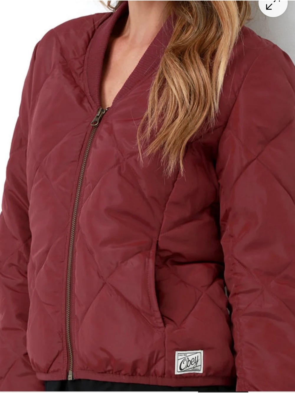 Obey Darby Quilted Bomber Jacket Maroon/Wine Red Size M